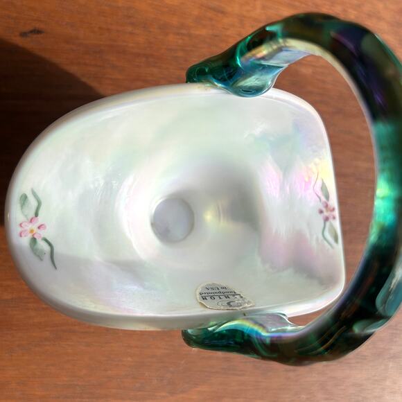 Fenton Mini Basket White 4.5" Iridescent Peacock Tail Floral Signed QVC 2001 - Picture 10 of 11